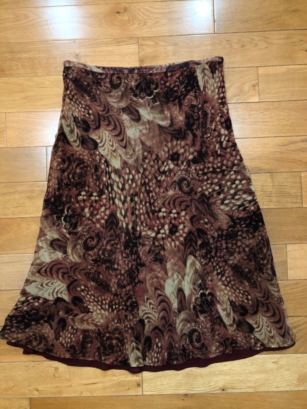 Vintage Rafaella Silk Midi Skirt Brown Abstract Feathery Whimsygoth Grunge Sz 8